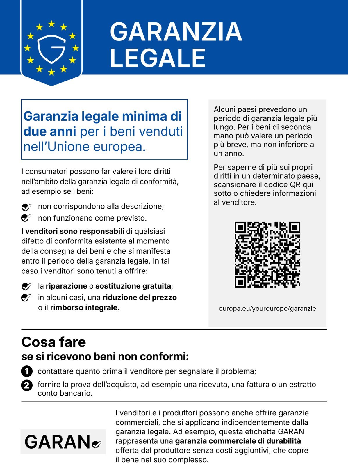 Gesetzliche Gewährleistung: Beim Kauf von Waren in der EU gilt ein gesetzliches Gewährleistungsrecht von mindestens zwei Jahren. Der QR-Code führt zu weiteren Informationen im Portal „Ihr Europa“.