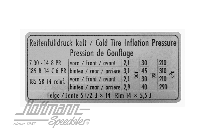 Adesivo "Reifendruck"(pressione pneumatici), Furgone T2 |  | 021-0197-10
